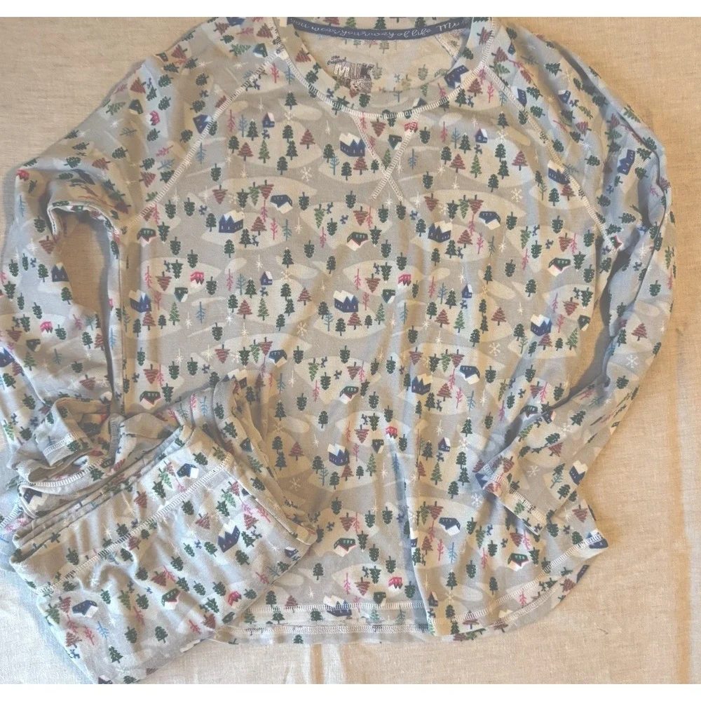 Muk Luks Womens XL Hacci Knit Christmas Tree‎ Gray Fleece Pajamas Set XL